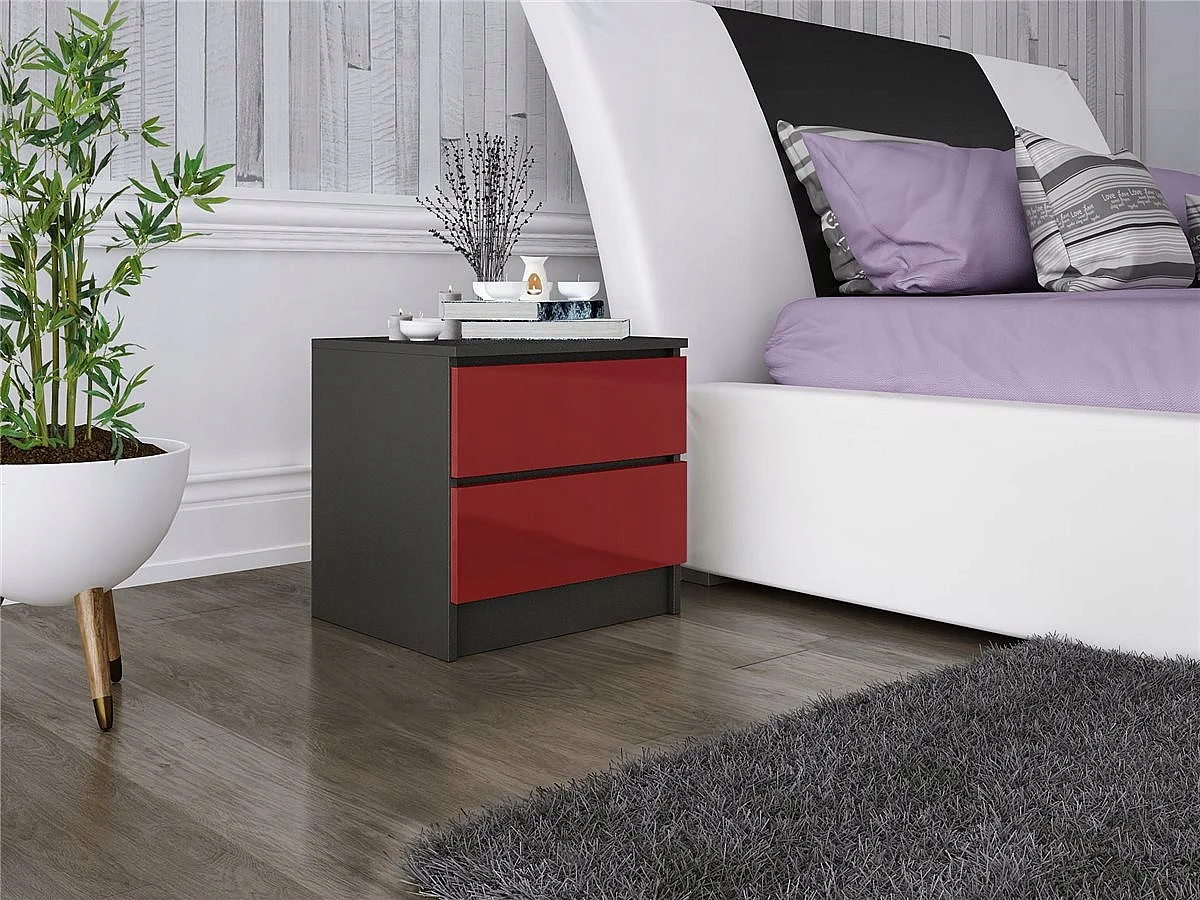 Szafka Nocna Stolik Nocny 45x48x40 CM Czarna Czerwony Połysk MDF 2 Szuflady