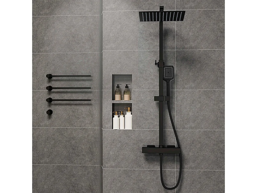 Grande soffione doccia 30x30cm con miscelatore termostatico e doccetta a 3 modi di getti, nero