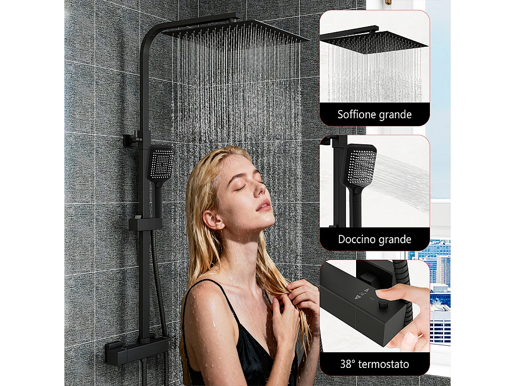 Grande soffione doccia 30x30cm con miscelatore termostatico e doccetta a 3 modi di getti, nero