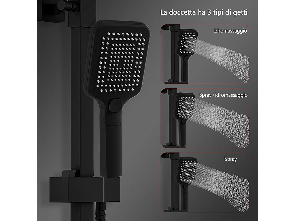 Grande soffione doccia 30x30cm con miscelatore termostatico e doccetta a 3 modi di getti, nero