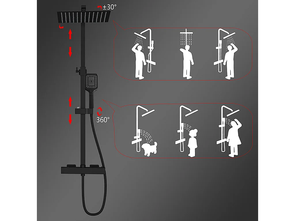 Grande soffione doccia 30x30cm con miscelatore termostatico e doccetta a 3 modi di getti, nero