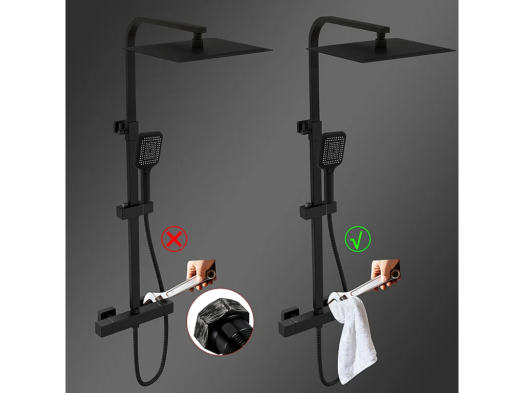 Grande soffione doccia 30x30cm con miscelatore termostatico e doccetta a 3 modi di getti, nero