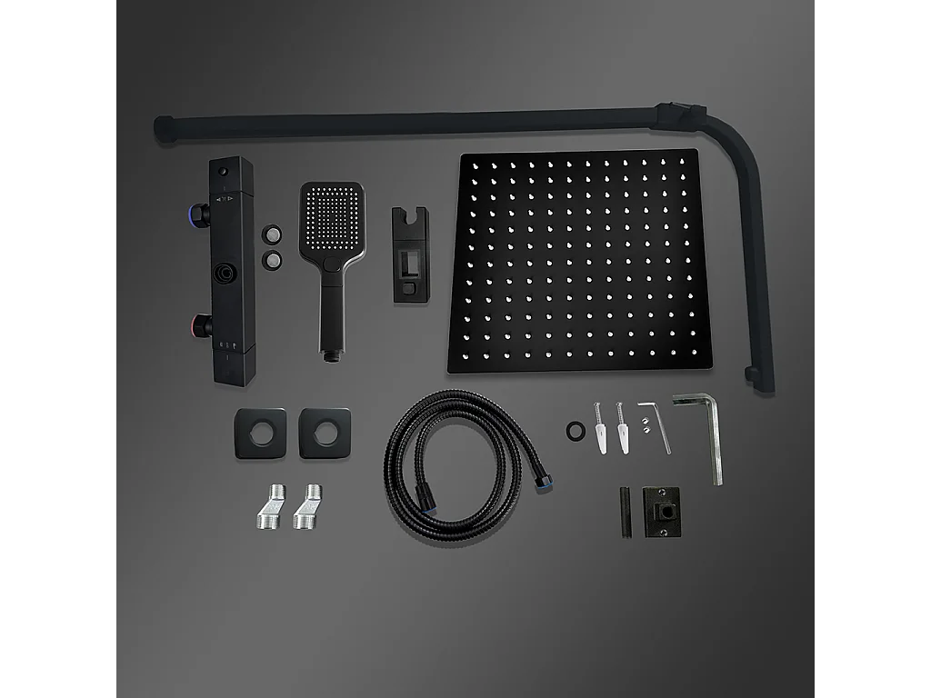 Grande soffione doccia 30x30cm con miscelatore termostatico e doccetta a 3 modi di getti, nero