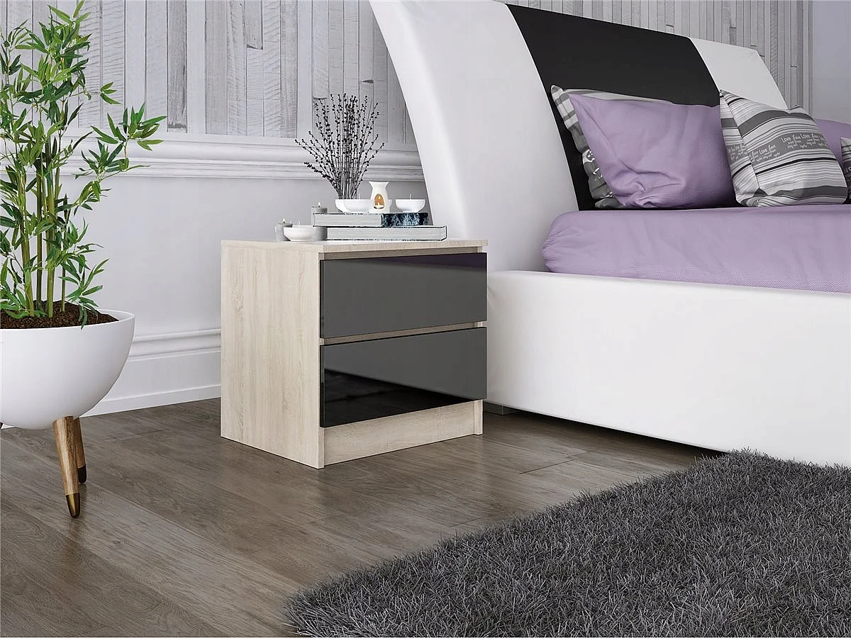 Szafka Nocna Stolik Nocny 45x48x40 CM Dąb Sonoma Czarny Połysk MDF Szuflady