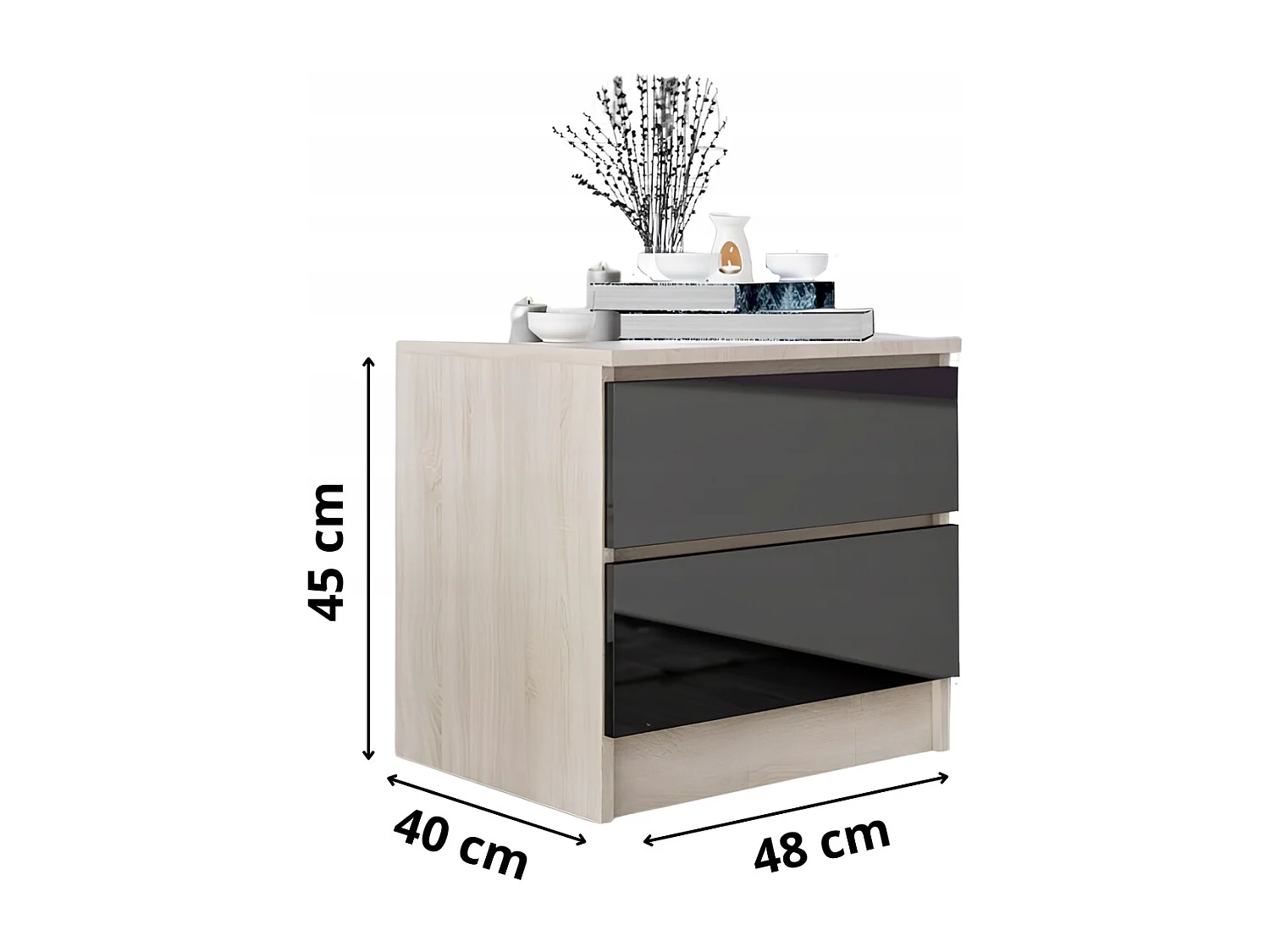 Szafka Nocna Stolik Nocny 45x48x40 CM Dąb Sonoma Czarny Połysk MDF Szuflady