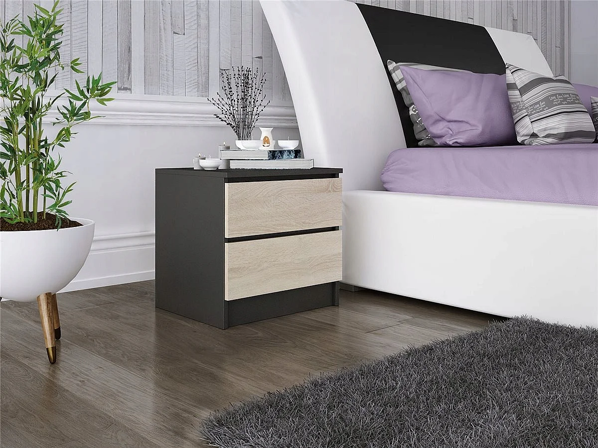 Szafka Nocna Stolik Nocny 45x48x40 CM Czarna Dąb Sonoma MDF 2 Szuflady