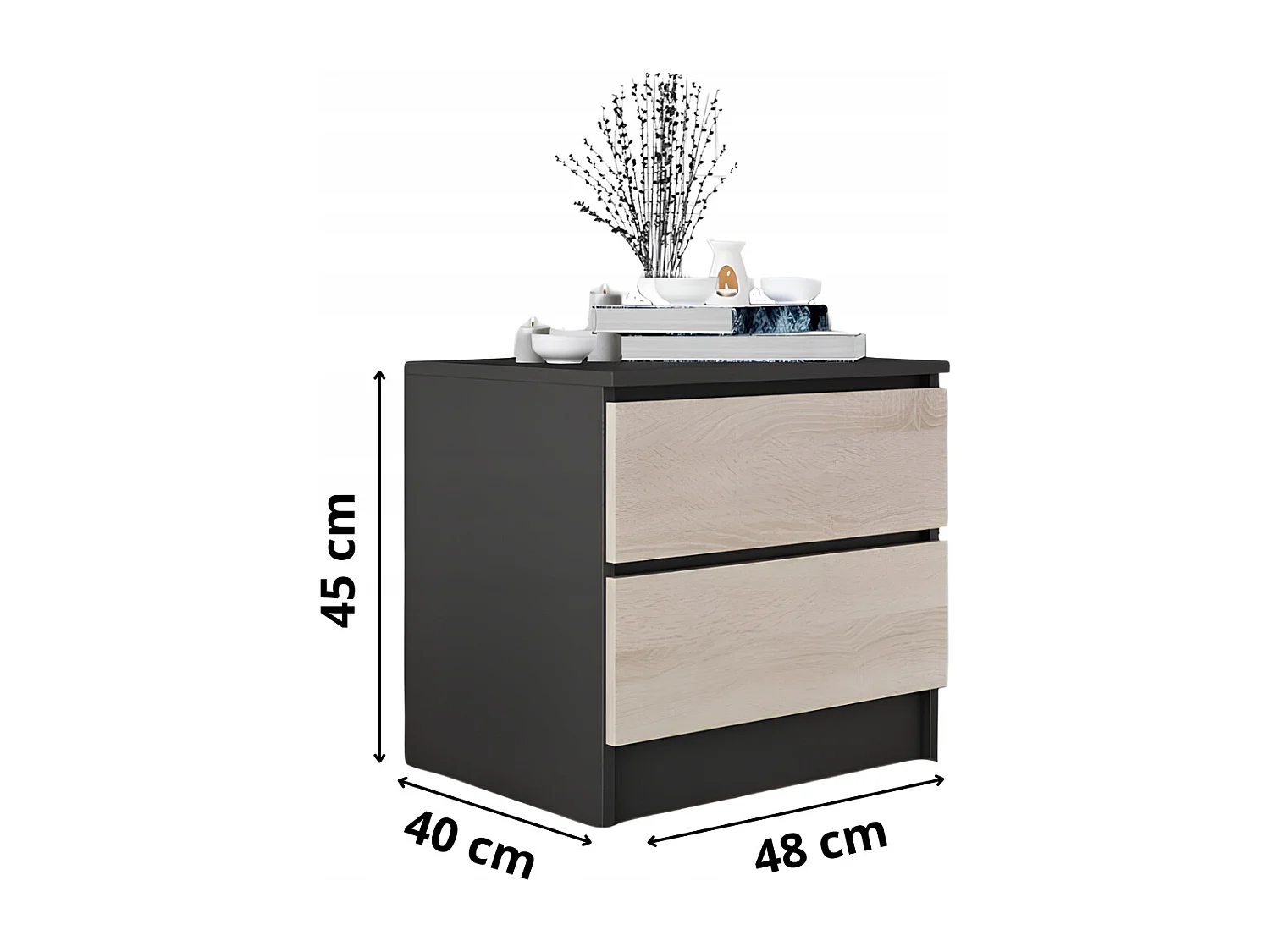 Szafka Nocna Stolik Nocny 45x48x40 CM Czarna Dąb Sonoma MDF 2 Szuflady