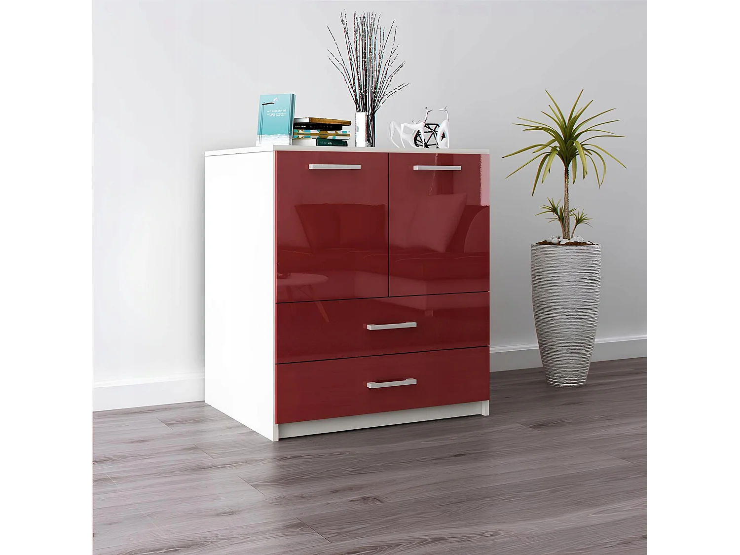 Komoda Z Szufladami Amari Czerwony Połysk Szafka Drzwi 95 x 80 x 45 cm