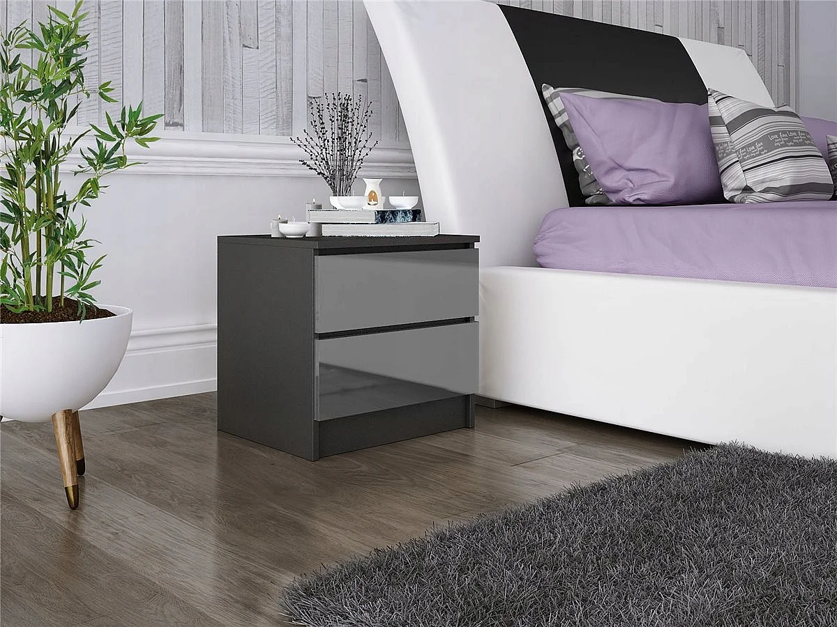 Szafka Nocna Stolik Nocny 45x48x40 CM Czarna Szary Połysk MDF 2 Szuflady