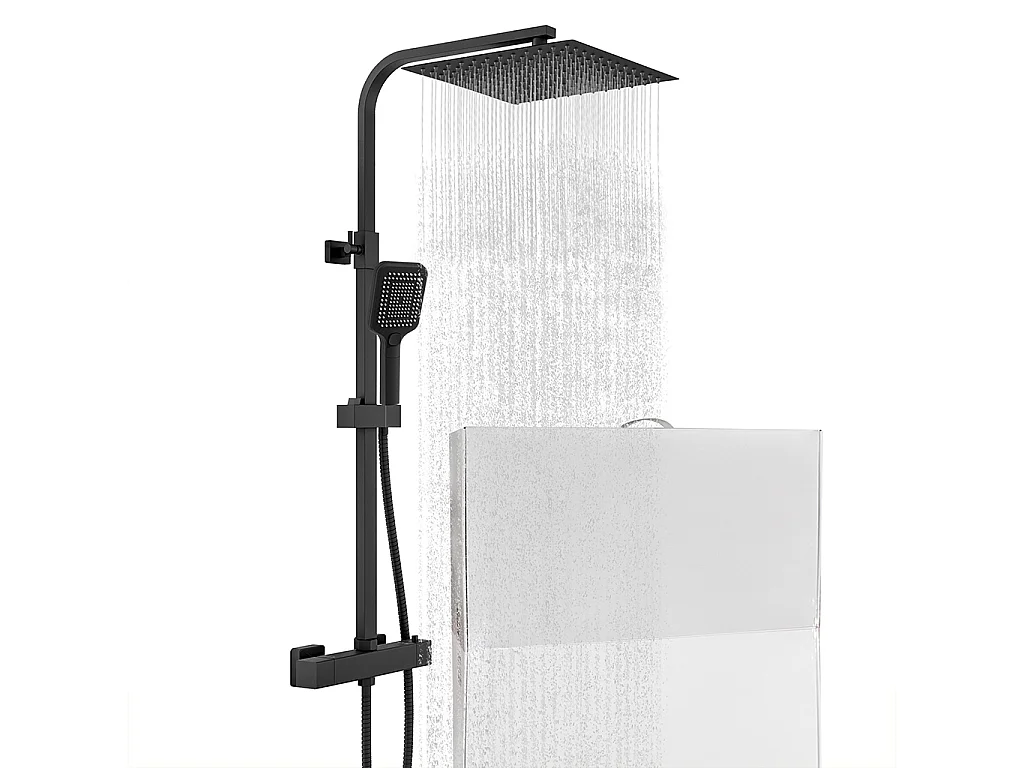 Colonna doccia quadrata completo di miscelatore termostatico rettangolo, soffione quadrato 30x30cm, nero