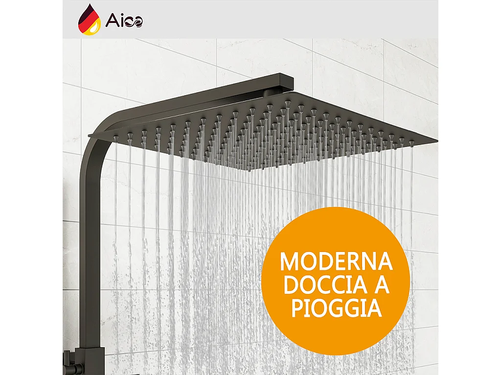 Colonna doccia quadrata completo di miscelatore termostatico rettangolo, soffione quadrato 30x30cm, nero