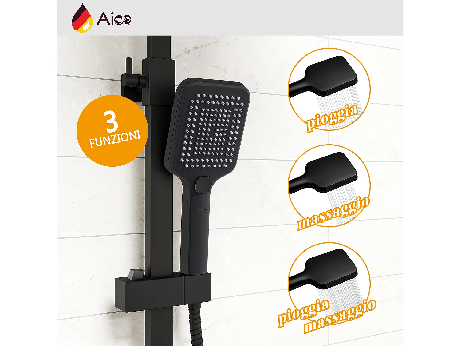 Colonna doccia quadrata completo di miscelatore termostatico rettangolo, soffione quadrato 30x30cm, nero