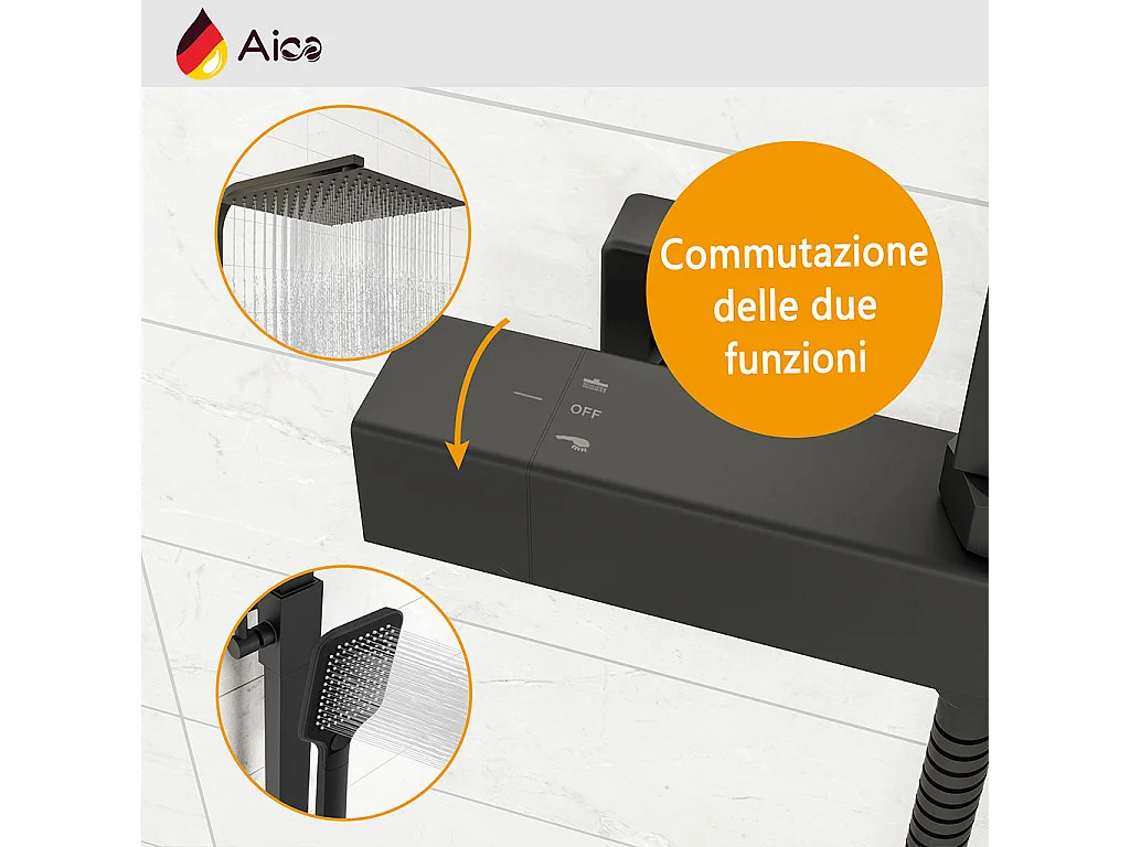 Colonna doccia quadrata completo di miscelatore termostatico rettangolo, soffione quadrato 30x30cm, nero