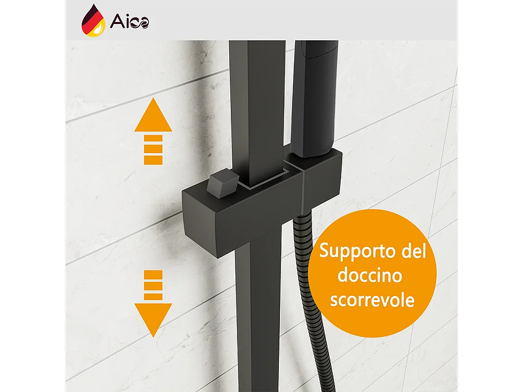 Colonna doccia quadrata completo di miscelatore termostatico rettangolo, soffione quadrato 30x30cm, nero