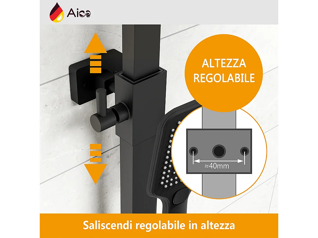 Colonna doccia quadrata completo di miscelatore termostatico rettangolo, soffione quadrato 30x30cm, nero