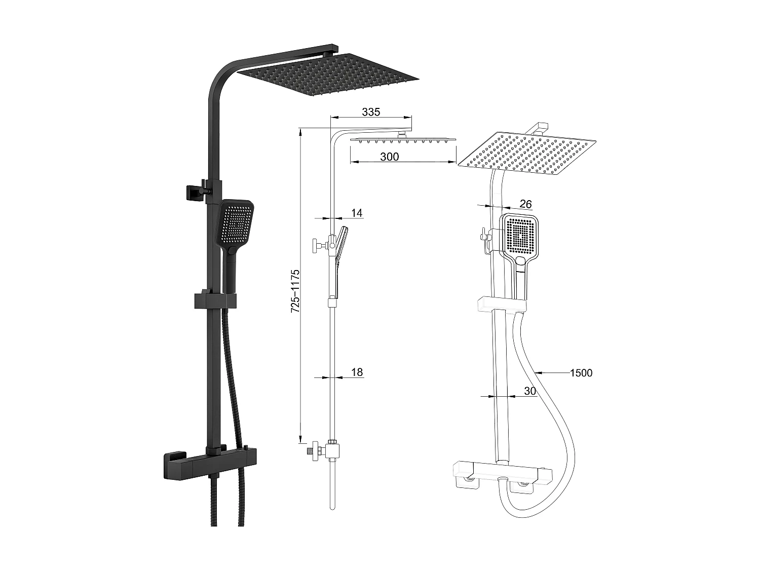 Colonna doccia quadrata completo di miscelatore termostatico rettangolo, soffione quadrato 30x30cm, nero