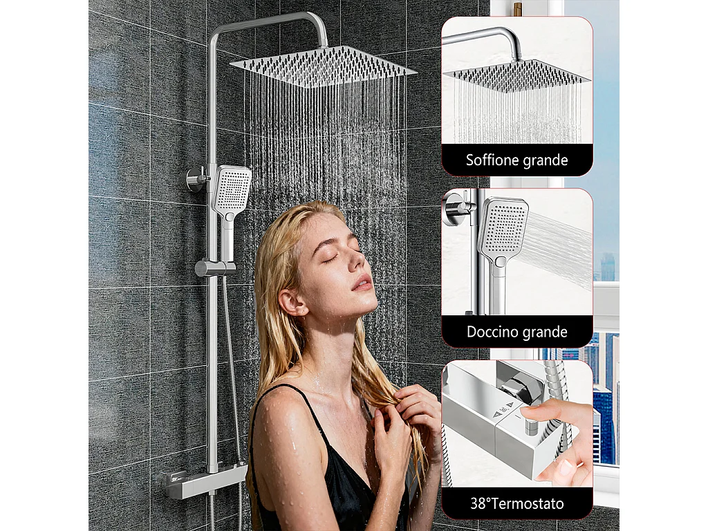 Grande soffione doccia 30x30cm con miscelatore termostatico e doccetta 25x10cm, cromo
