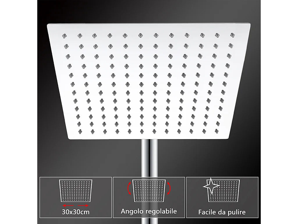 Grande soffione doccia 30x30cm con miscelatore termostatico e doccetta 25x10cm, cromo