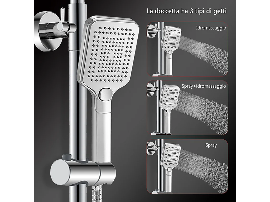 Grande soffione doccia 30x30cm con miscelatore termostatico e doccetta 25x10cm, cromo