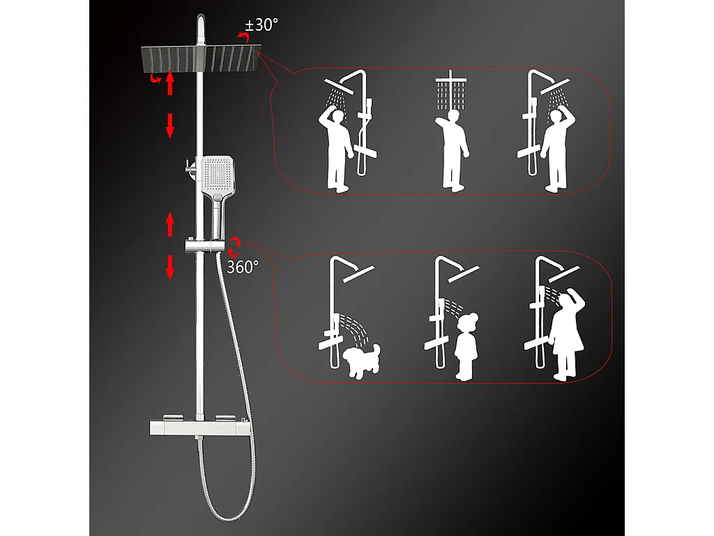 Grande soffione doccia 30x30cm con miscelatore termostatico e doccetta 25x10cm, cromo