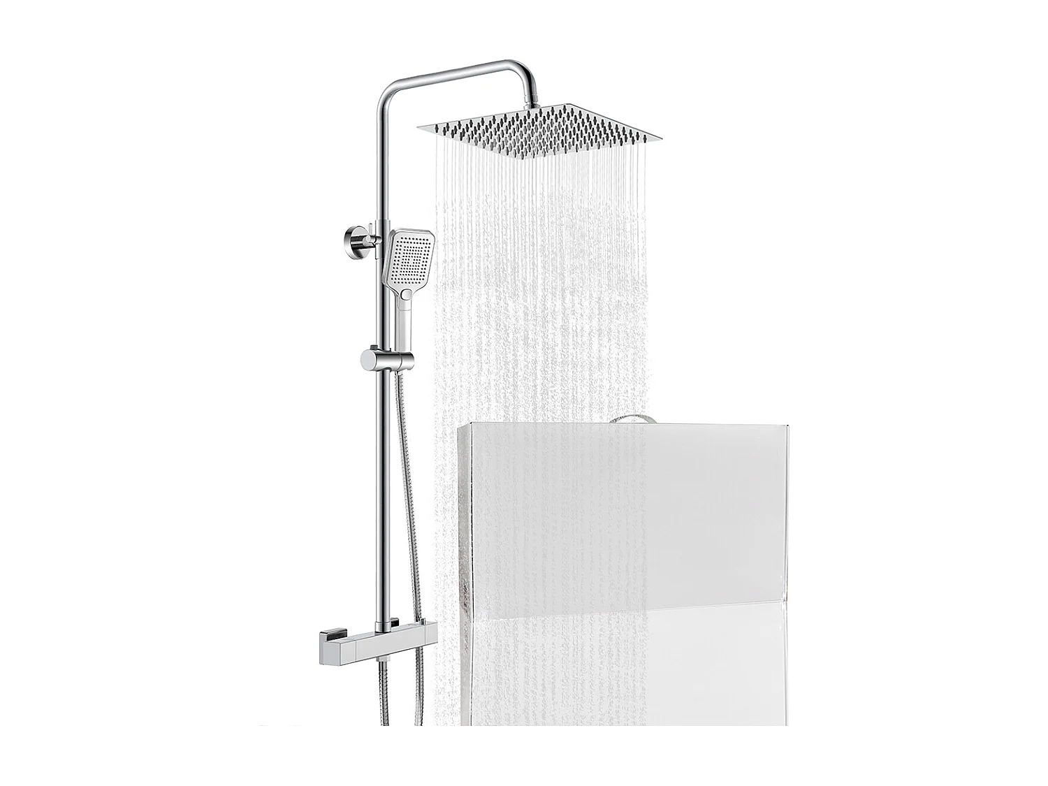 Colonna doccia rotonda completo di miscelatore termostatico rettangolo, soffione quadrato 30x30cm, cromo