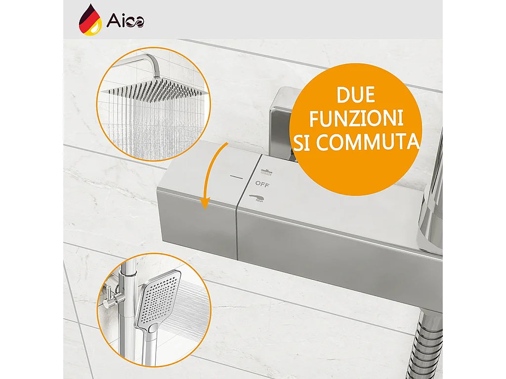 Colonna doccia rotonda completo di miscelatore termostatico rettangolo, soffione quadrato 30x30cm, cromo