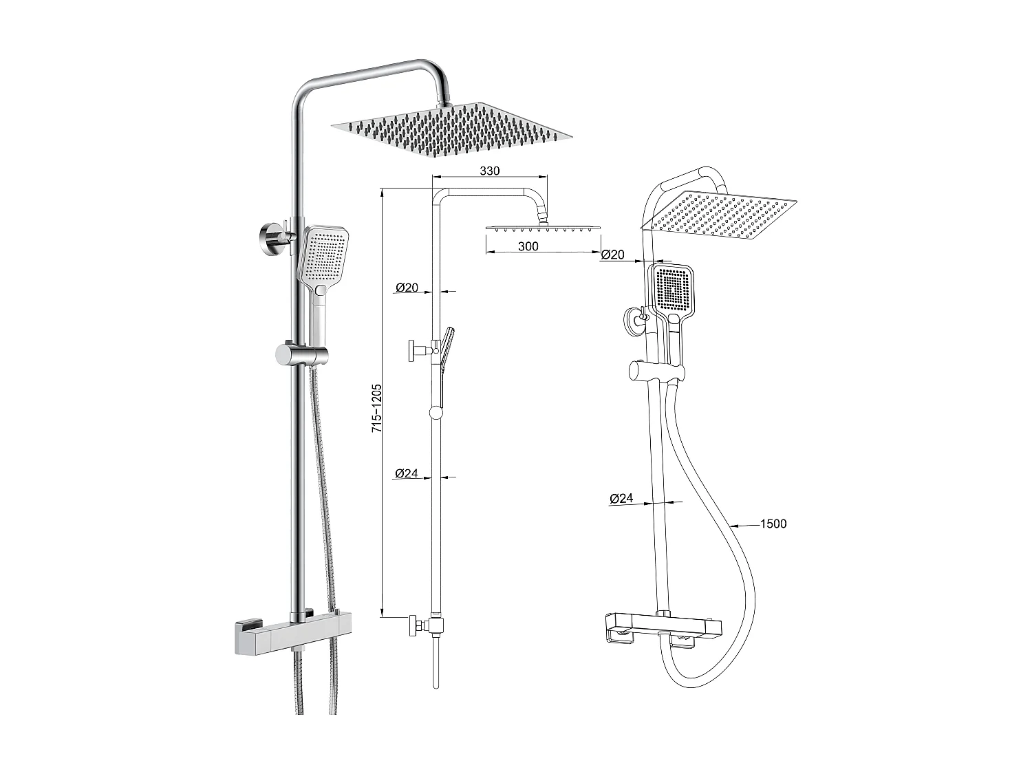 Colonna doccia rotonda completo di miscelatore termostatico rettangolo, soffione quadrato 30x30cm, cromo