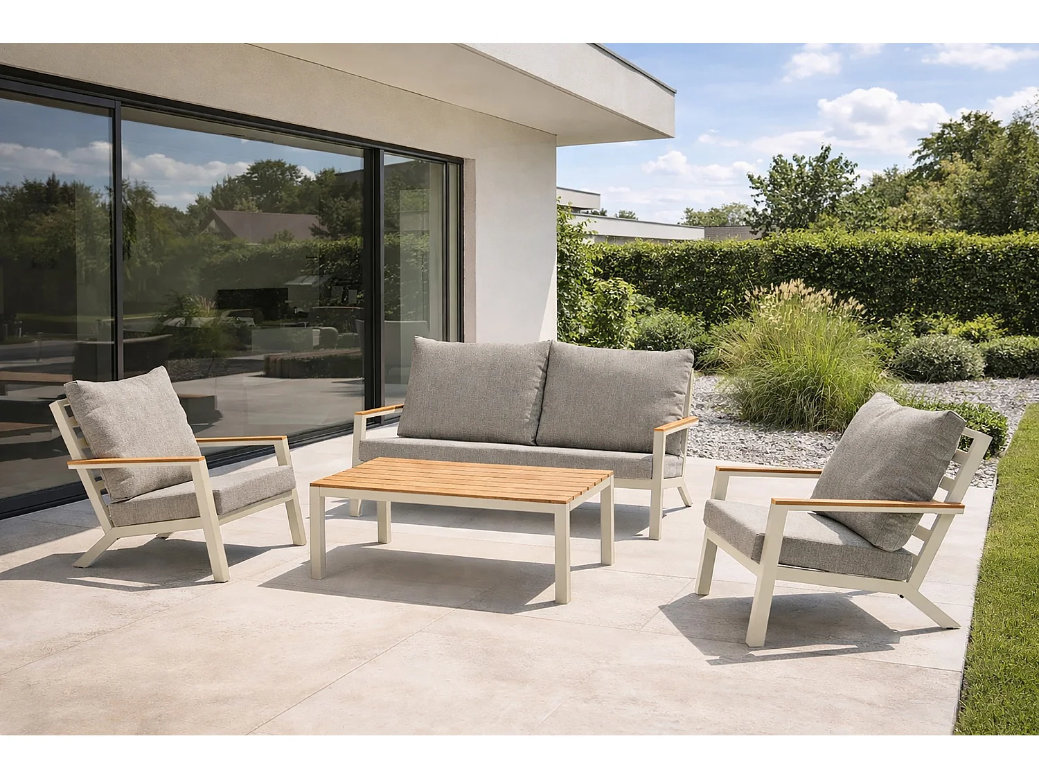 Salon de jardin 5 pl en alu et plateau composite effet bois - KOMMOS