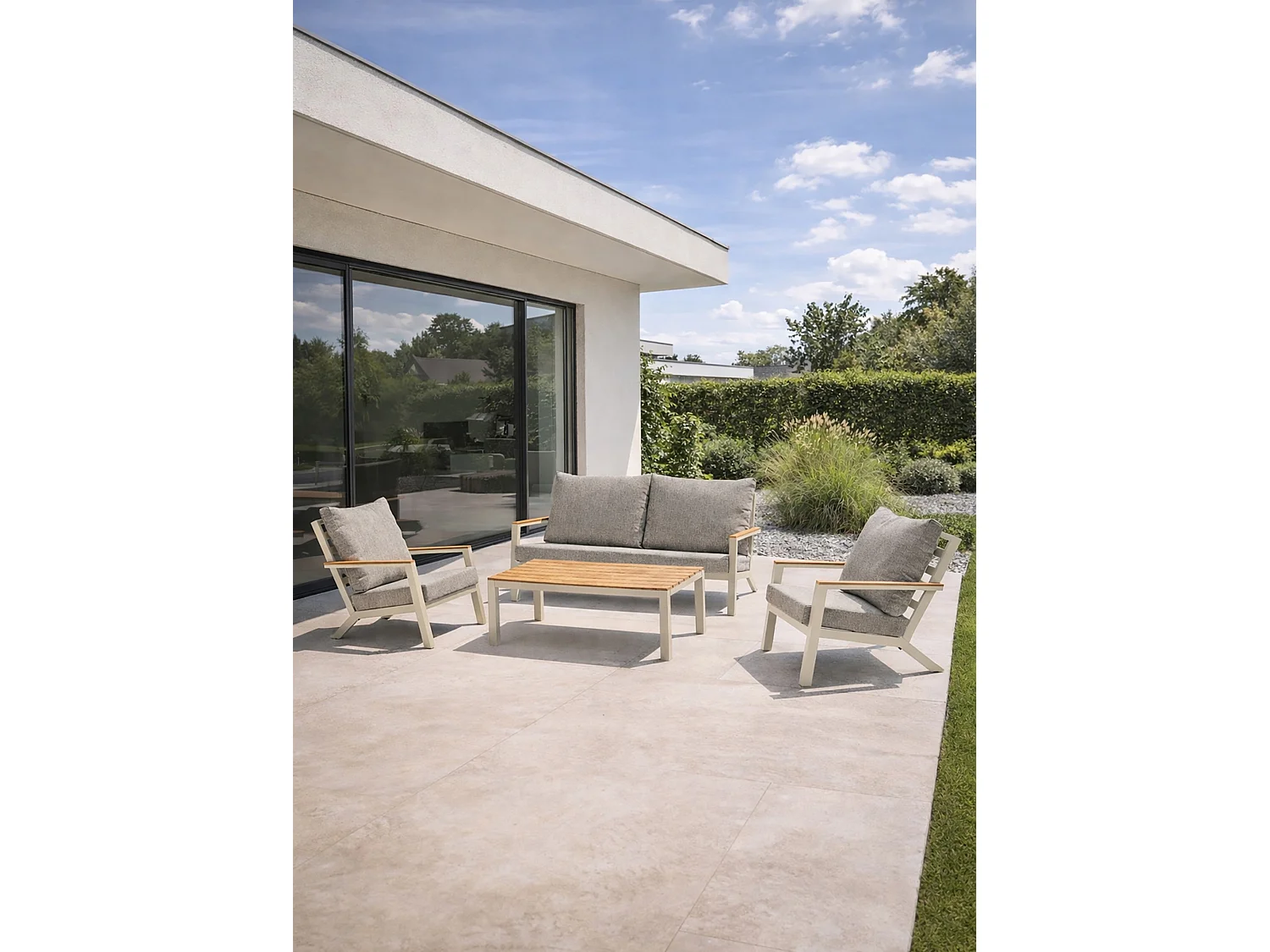 Salon de jardin 5 pl en alu et plateau composite effet bois - KOMMOS