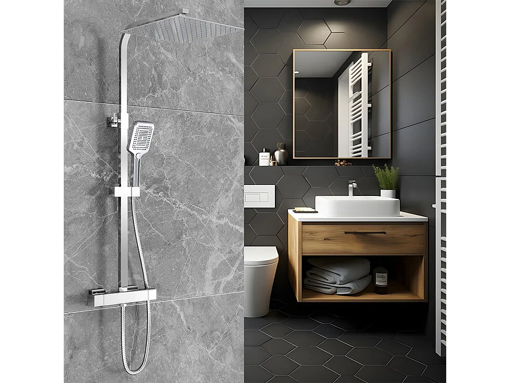 Miscelatore termostatico doccia con soffione 30x30cm e doccetta 25x10cm, colonna doccia rettangolare cromo