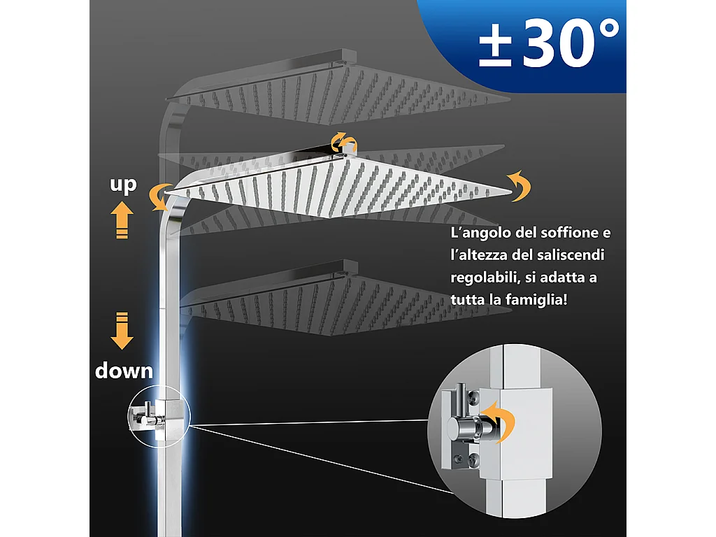 Miscelatore termostatico doccia con soffione 30x30cm e doccetta 25x10cm, colonna doccia rettangolare cromo