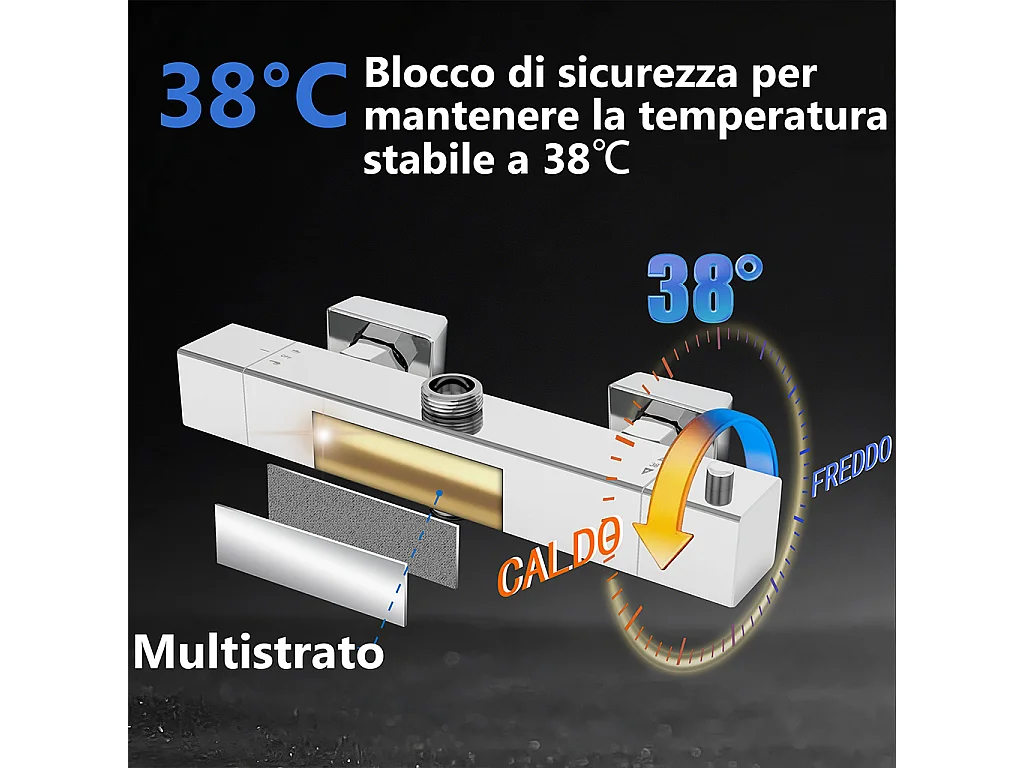 Miscelatore termostatico doccia con soffione 30x30cm e doccetta 25x10cm, colonna doccia rettangolare cromo