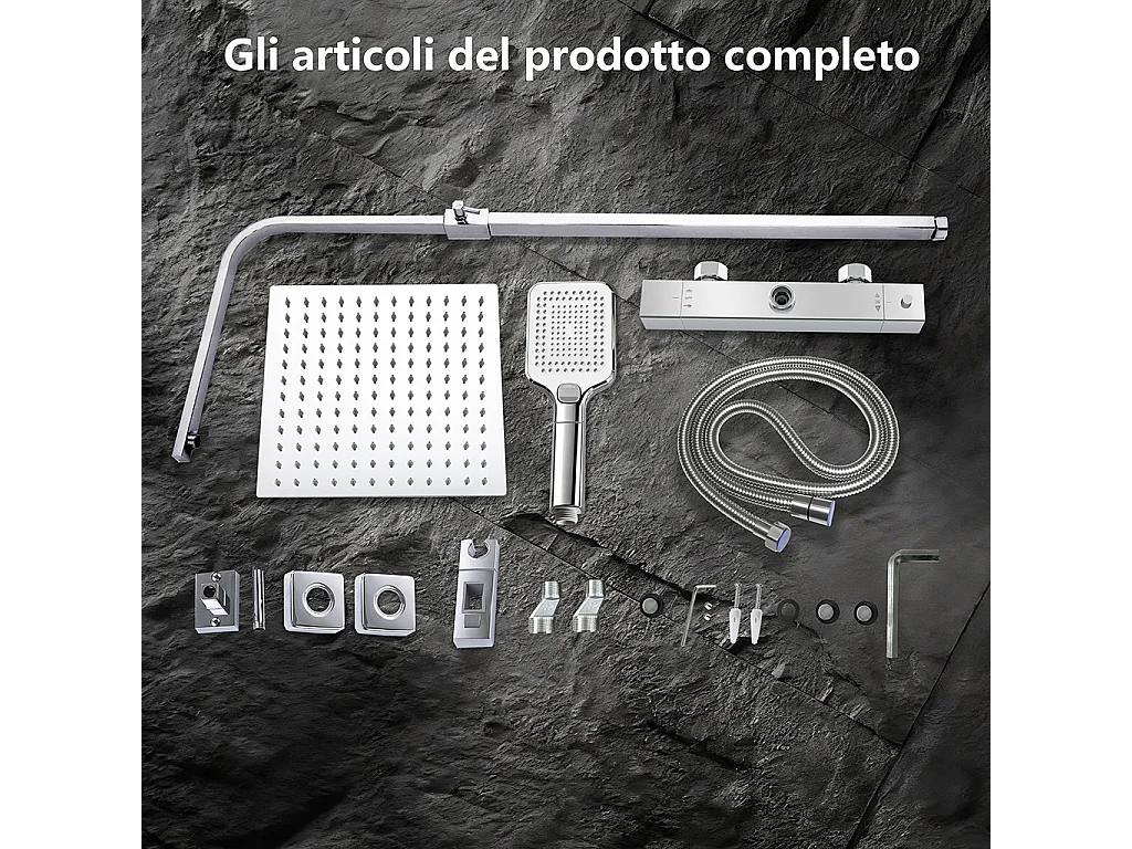 Miscelatore termostatico doccia con soffione 30x30cm e doccetta 25x10cm, colonna doccia rettangolare cromo