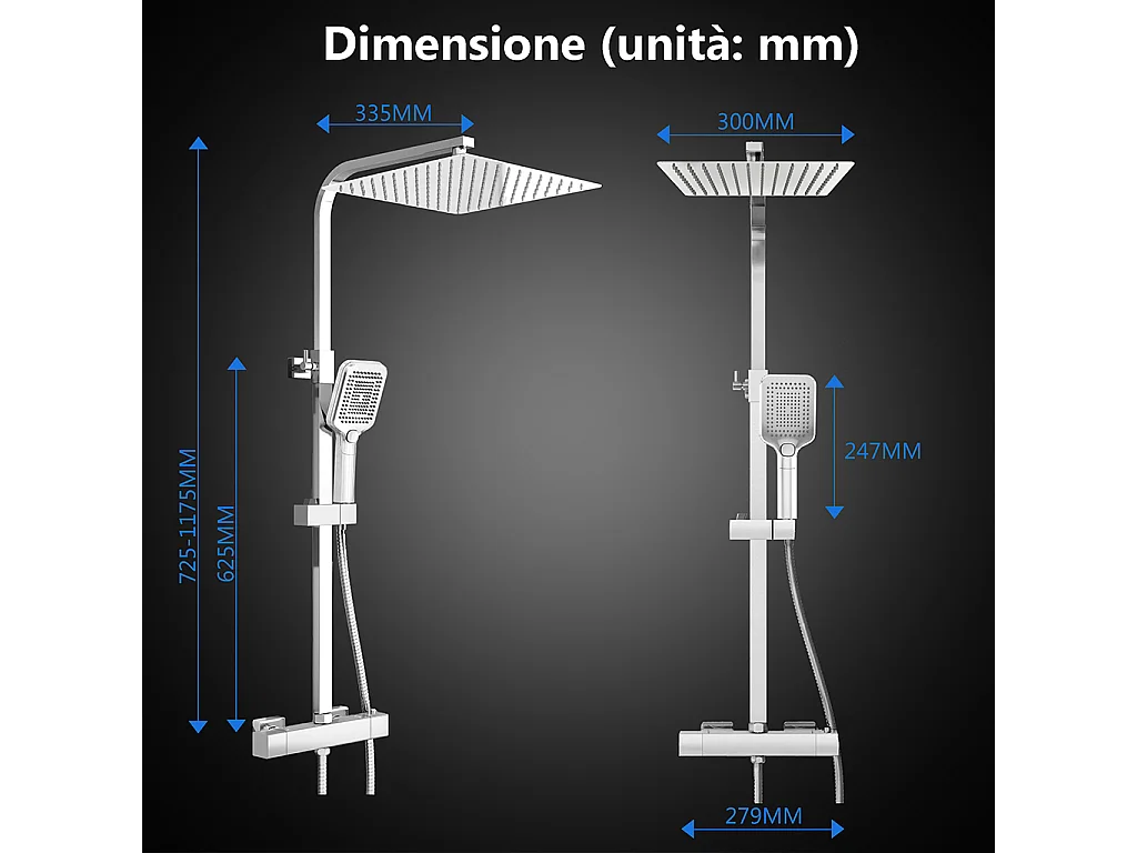 Miscelatore termostatico doccia con soffione 30x30cm e doccetta 25x10cm, colonna doccia rettangolare cromo