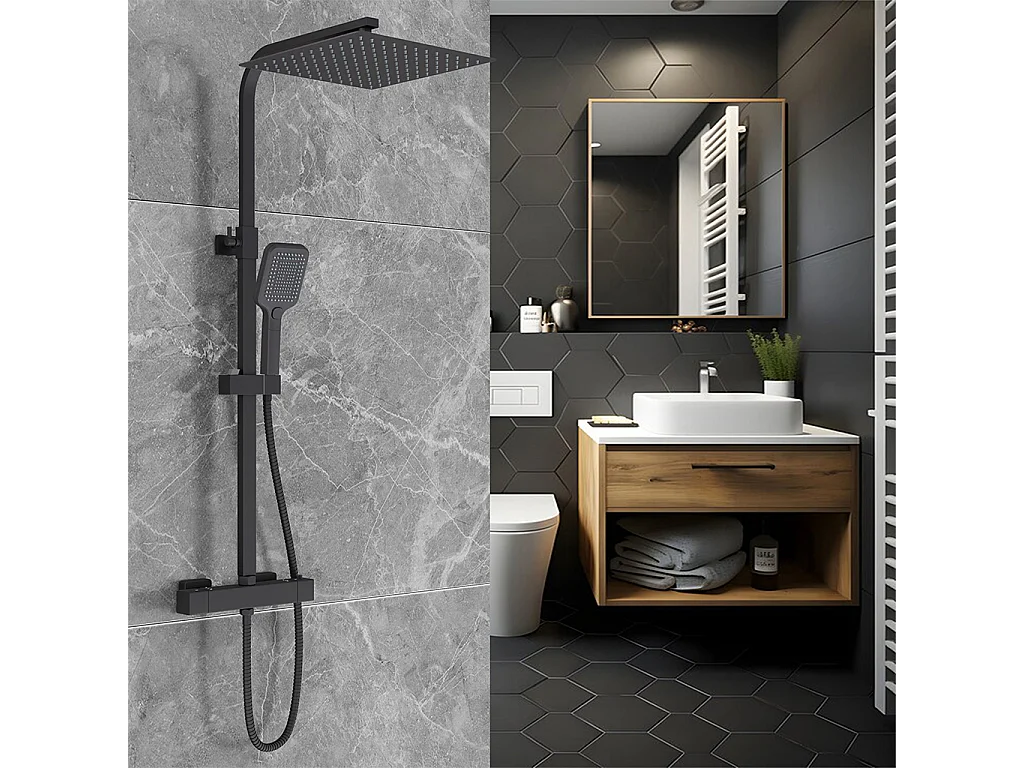 Miscelatore termostatico doccia con soffione 30x30cm e doccetta 25x10cm, colonna doccia rettangolare nero