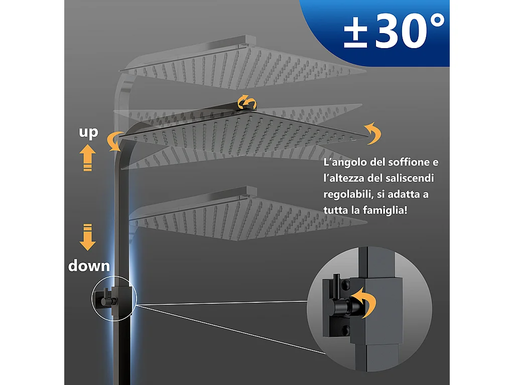 Miscelatore termostatico doccia con soffione 30x30cm e doccetta 25x10cm, colonna doccia rettangolare nero