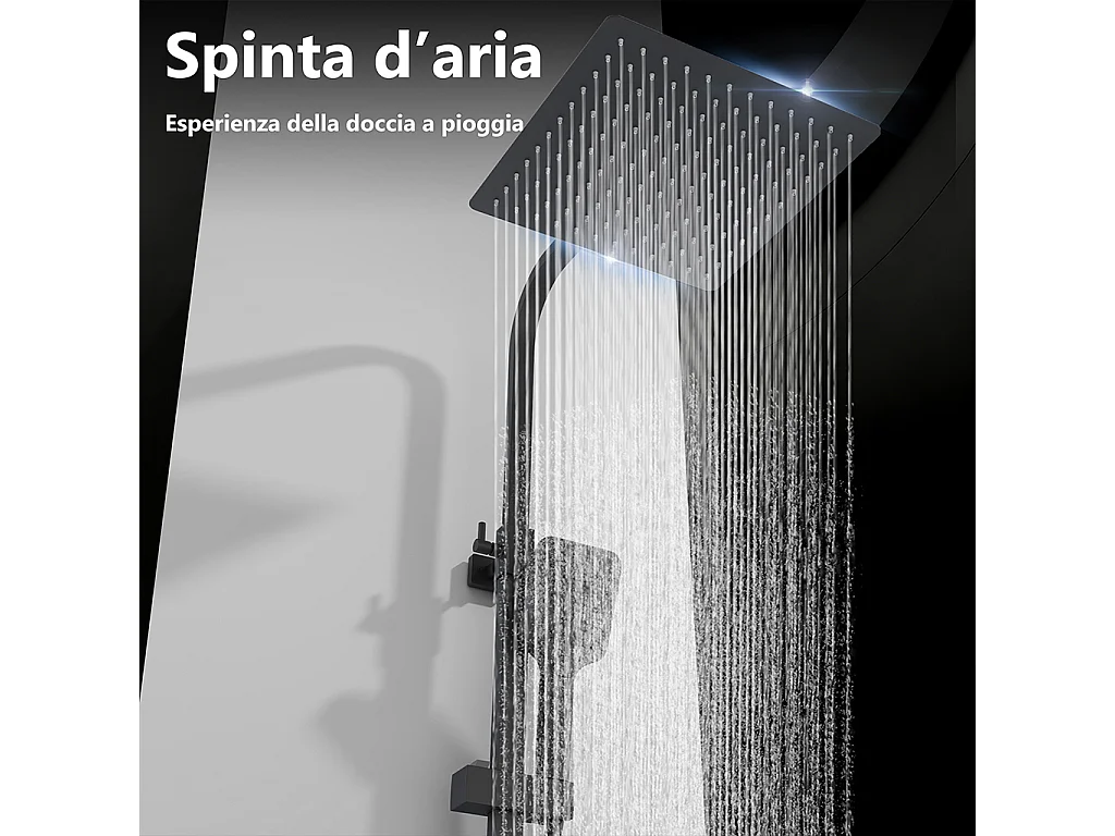 Miscelatore termostatico doccia con soffione 30x30cm e doccetta 25x10cm, colonna doccia rettangolare nero
