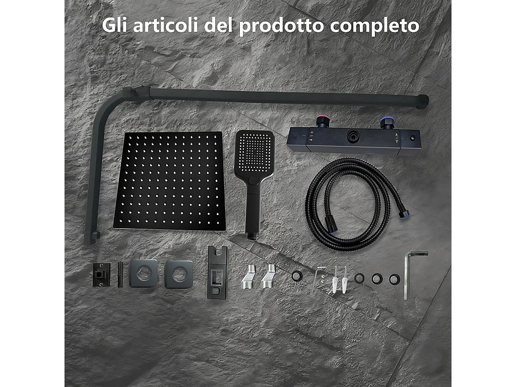 Miscelatore termostatico doccia con soffione 30x30cm e doccetta 25x10cm, colonna doccia rettangolare nero