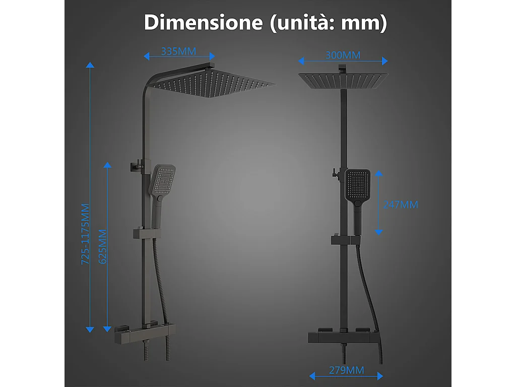 Miscelatore termostatico doccia con soffione 30x30cm e doccetta 25x10cm, colonna doccia rettangolare nero