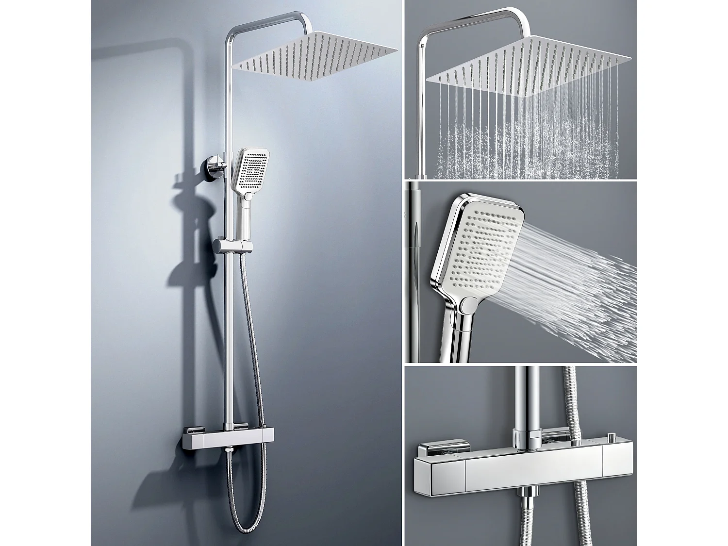 Colonna doccia con miscelatore termostatico, saliscendi doccia tondo regolabile 72-120cm, cromo