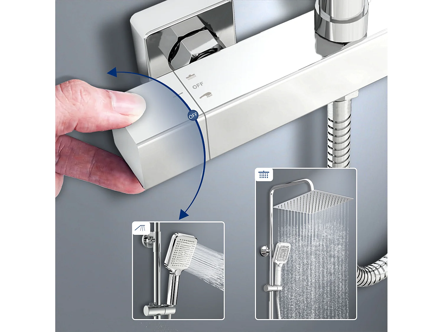 Colonna doccia con miscelatore termostatico, saliscendi doccia tondo regolabile 72-120cm, cromo
