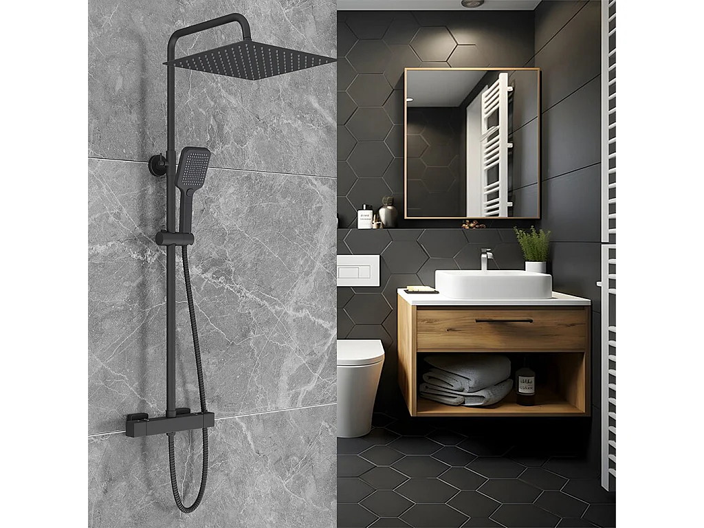 Miscelatore termostatico doccia con soffione 30x30cm e doccetta 25x10cm, colonna doccia cilindra nero