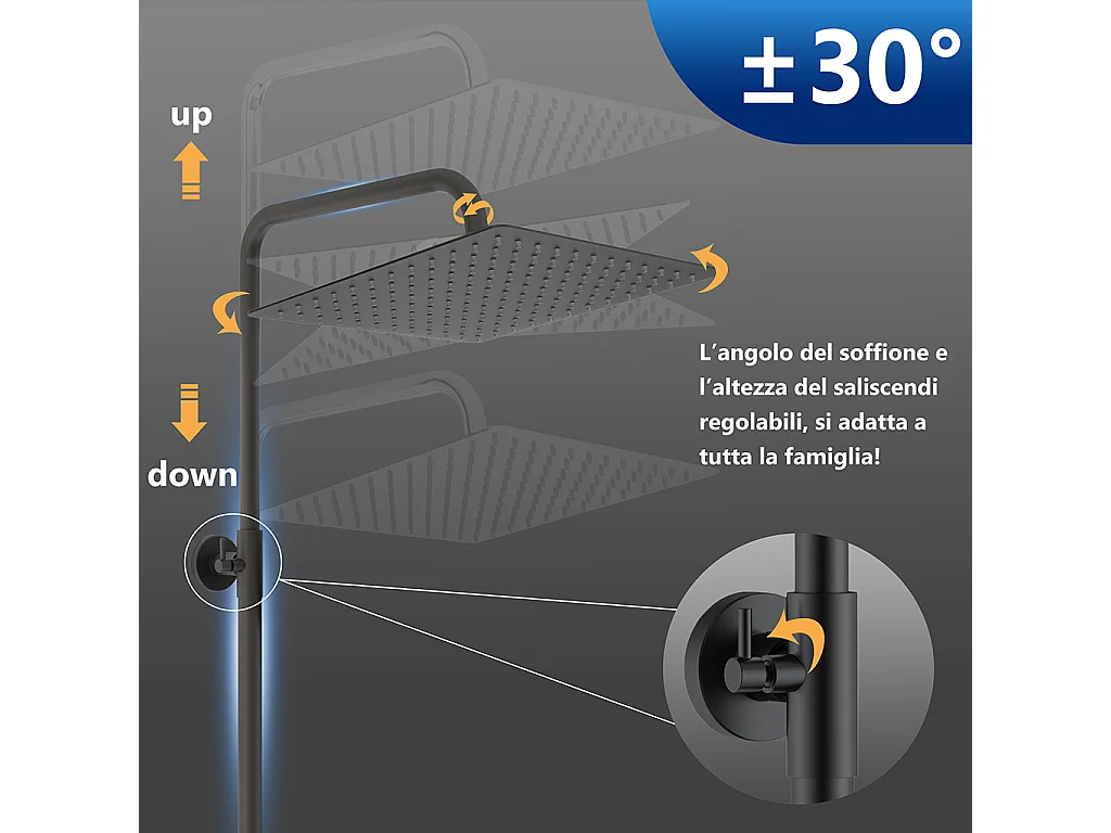 Miscelatore termostatico doccia con soffione 30x30cm e doccetta 25x10cm, colonna doccia cilindra nero