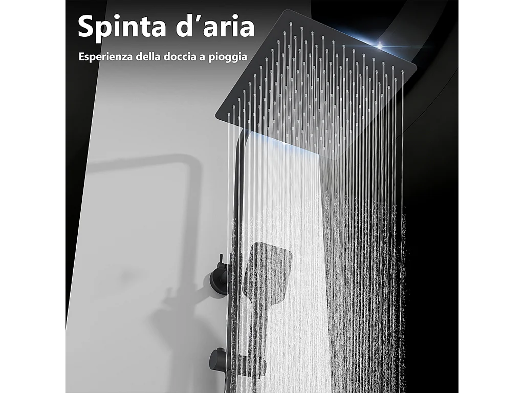 Miscelatore termostatico doccia con soffione 30x30cm e doccetta 25x10cm, colonna doccia cilindra nero