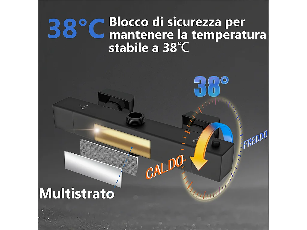 Miscelatore termostatico doccia con soffione 30x30cm e doccetta 25x10cm, colonna doccia cilindra nero
