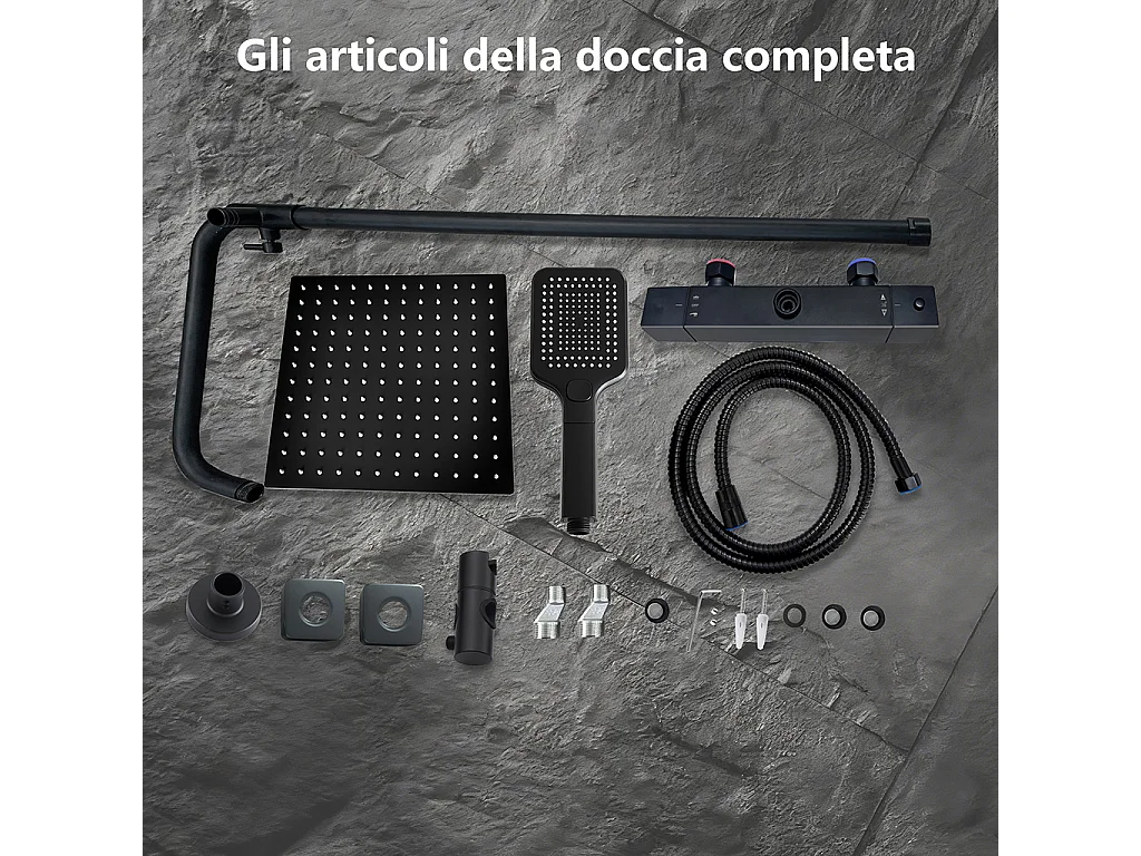 Miscelatore termostatico doccia con soffione 30x30cm e doccetta 25x10cm, colonna doccia cilindra nero