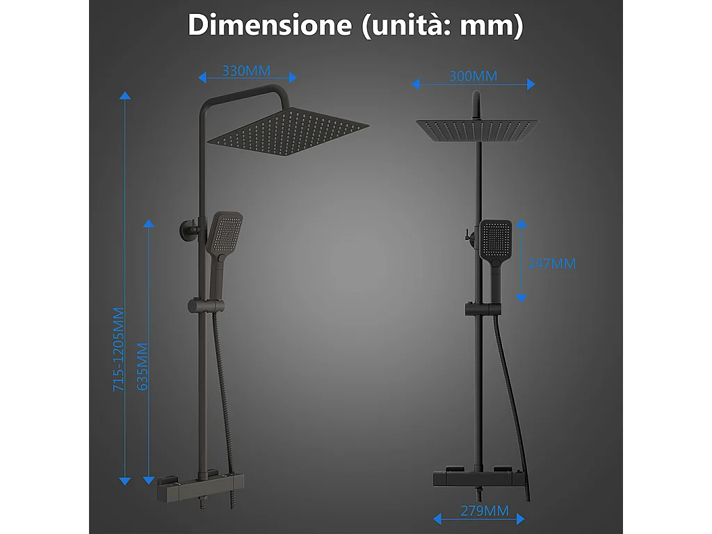 Miscelatore termostatico doccia con soffione 30x30cm e doccetta 25x10cm, colonna doccia cilindra nero