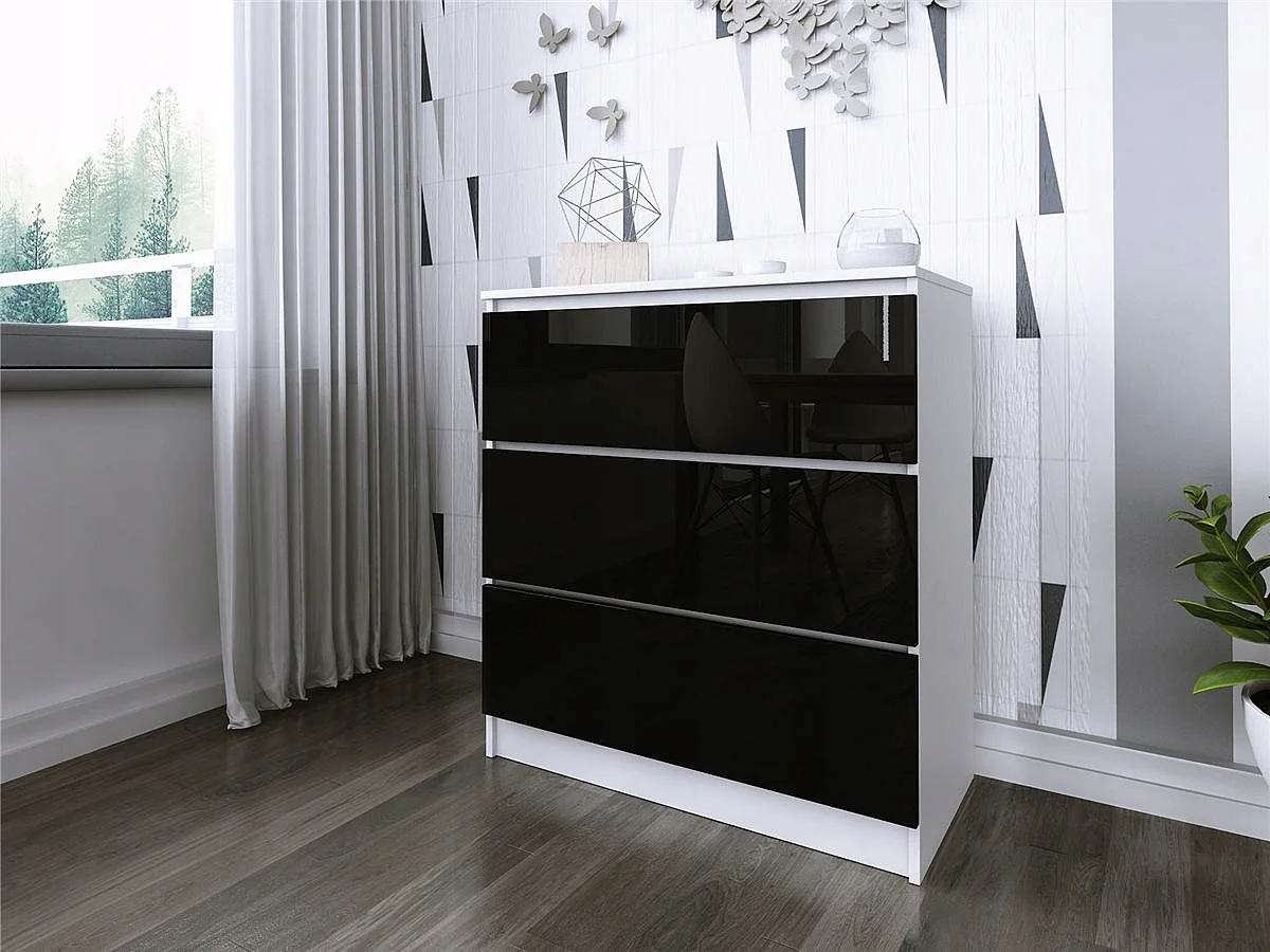 Komoda 3 Szuflady Zoe Biała Czarny Połysk Do Sypialni 77 x 80 x 40 cm MDF