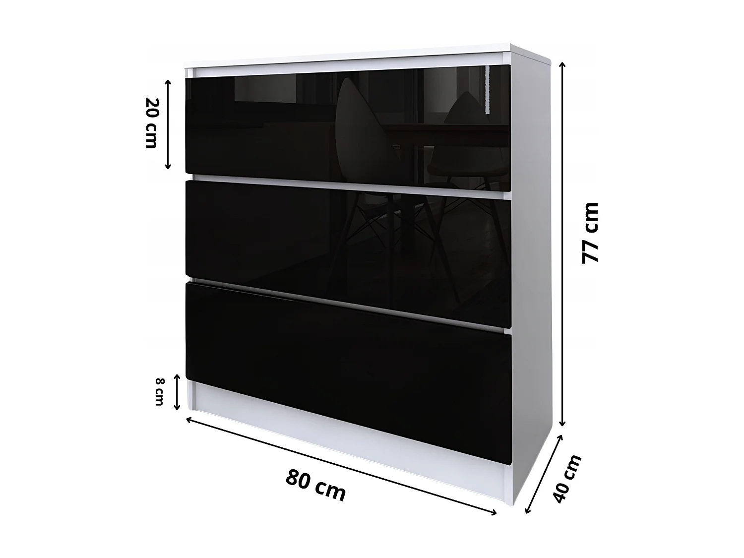 Komoda 3 Szuflady Zoe Biała Czarny Połysk Do Sypialni 77 x 80 x 40 cm MDF