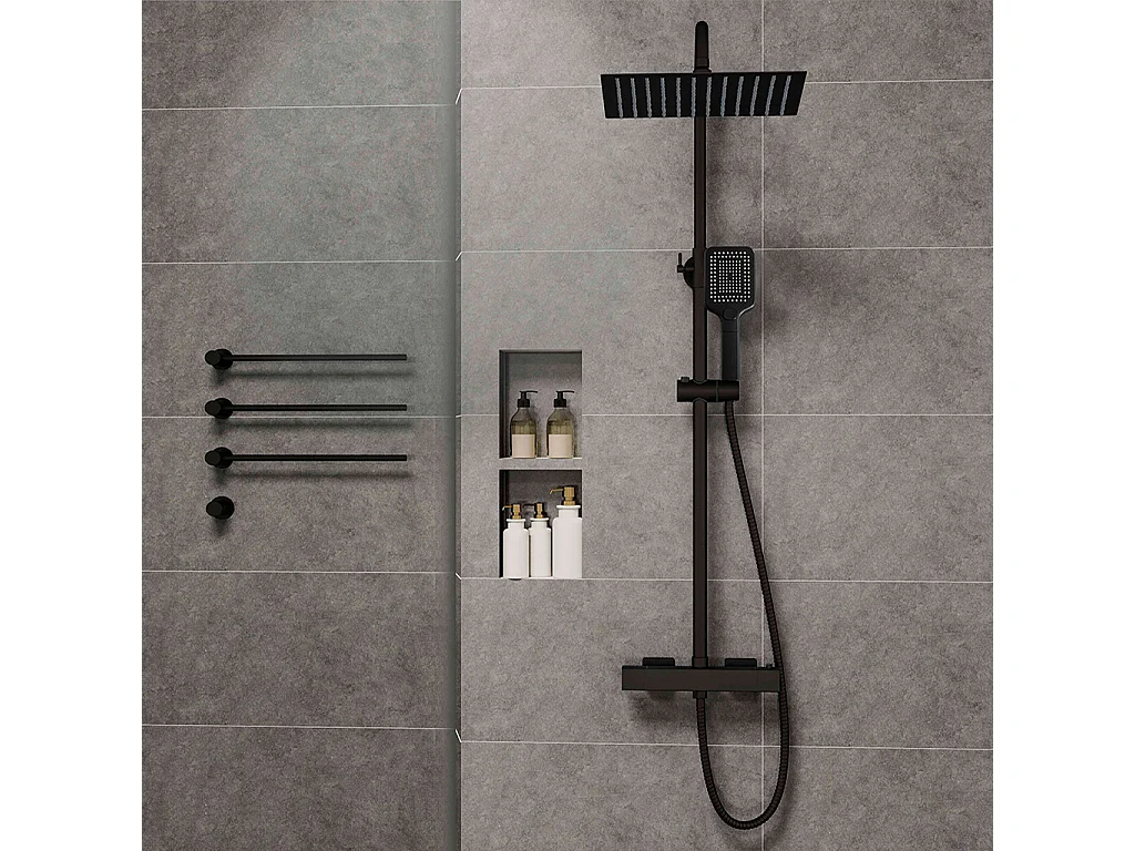 Grande soffione doccia 30x30cm con miscelatore termostatico e doccetta 25x10cm, nero